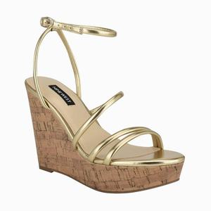 Nine West Havi Ankle Wrap Cork Wedge Sandals - Gold - Ireland (KZ2849651)